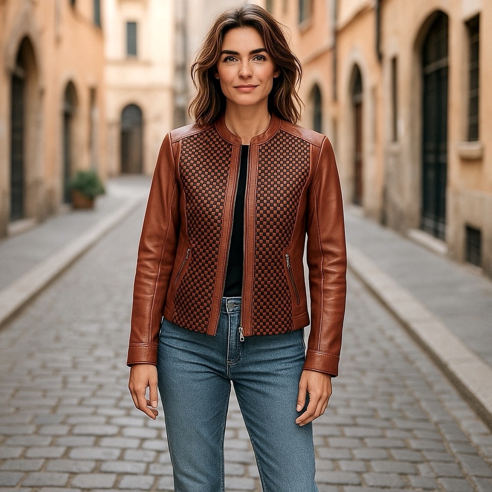 Maude Genuine Leather Jacket – Cognac Wax with Woven Detail – Size Small NWT